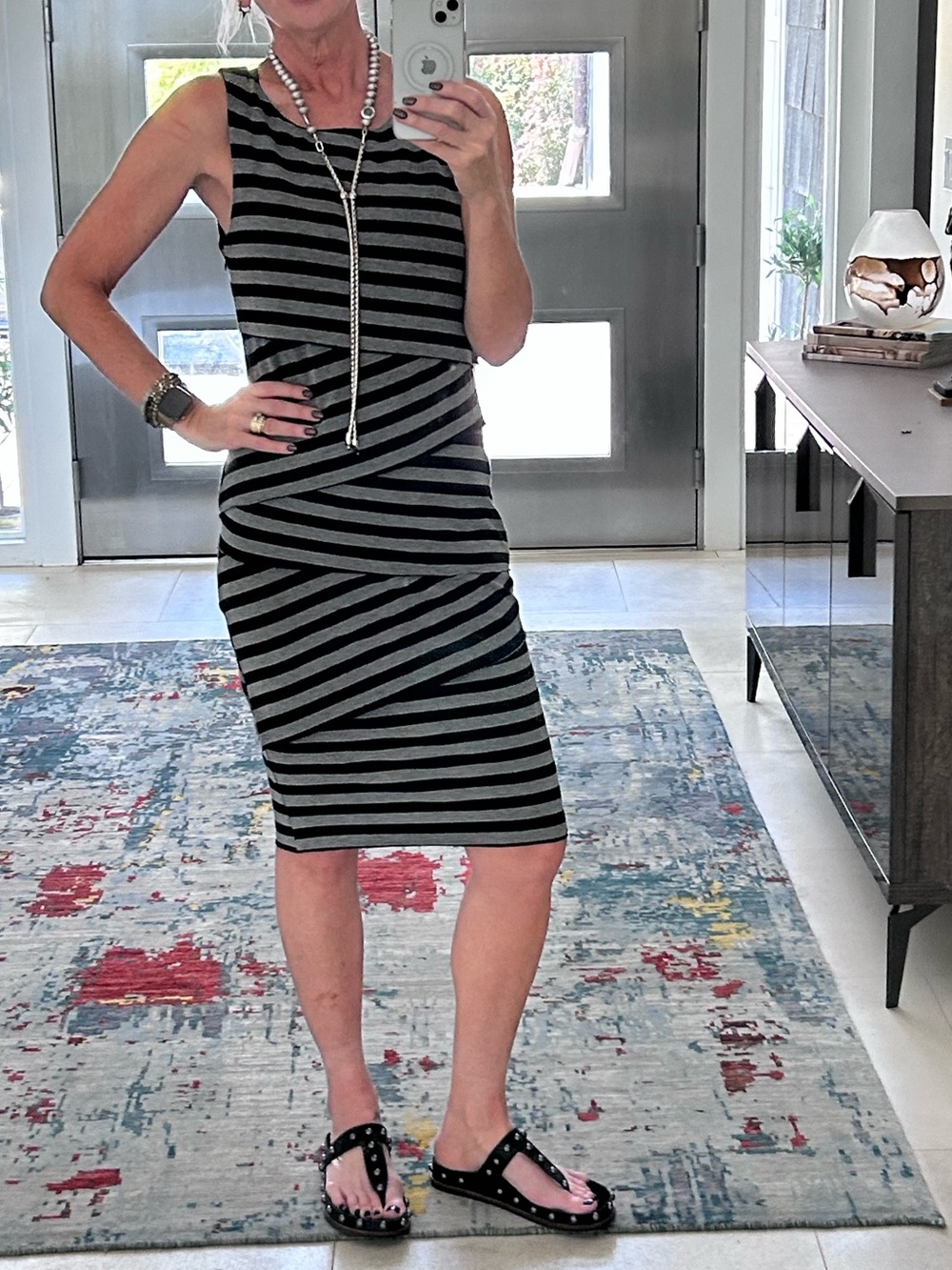 dee elle Black & Gray Striped Midi Sheath Dress